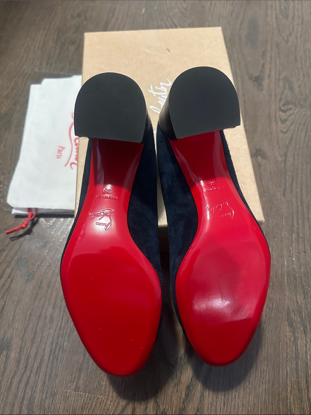 Christian Louboutin Navy Suede and Black Leather Slingback Pump - Picture 6 of 7
